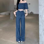 Set jeans áo trễ vai quần ống rộng