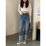 Quần Jean Dài Lưng Cao Dáng Rộng Màu Sắc Tương Phản Phong Cách Retro Hàn Quốc