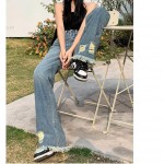 Quần Jean Nữ Ống Rộng Lưng Cao Phối Tua Rua