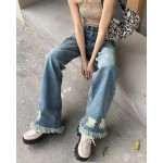 Quần Jean Nữ Ống Rộng Lưng Cao Phối Tua Rua