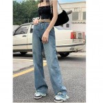 Quần Jean Nữ Ống Rộng Lưng Cao Phối Tua Rua