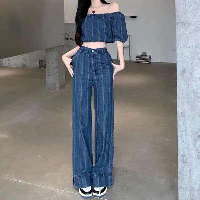 Set jeans áo trễ vai quần ống rộng