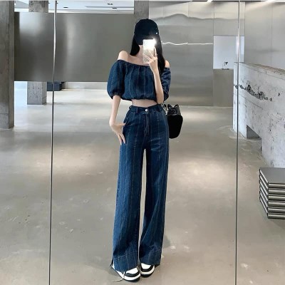 Set jeans áo trễ vai quần ống rộng