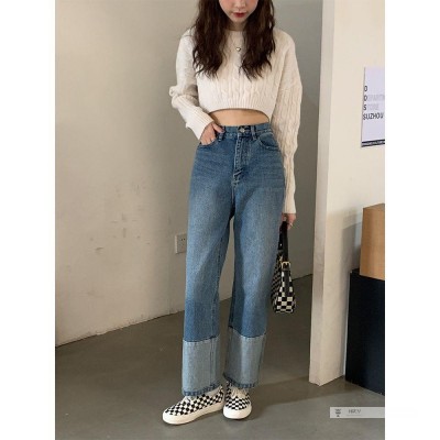 Quần Jean Dài Lưng Cao Dáng Rộng Màu Sắc Tương Phản Phong Cách Retro Hàn Quốc