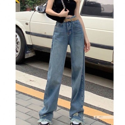 Quần Jean Nữ Ống Rộng Lưng Cao Phối Tua Rua