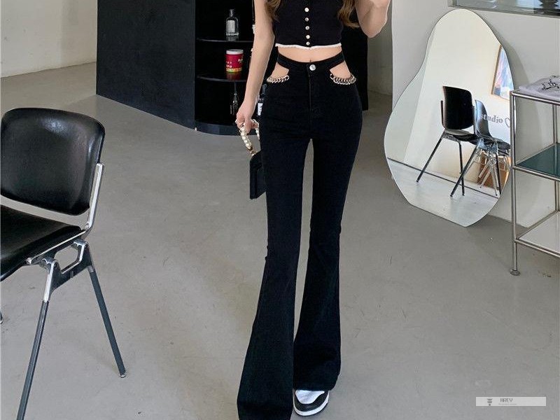 Quần Jeans Dài Lưng Cao Phối Dây Xích