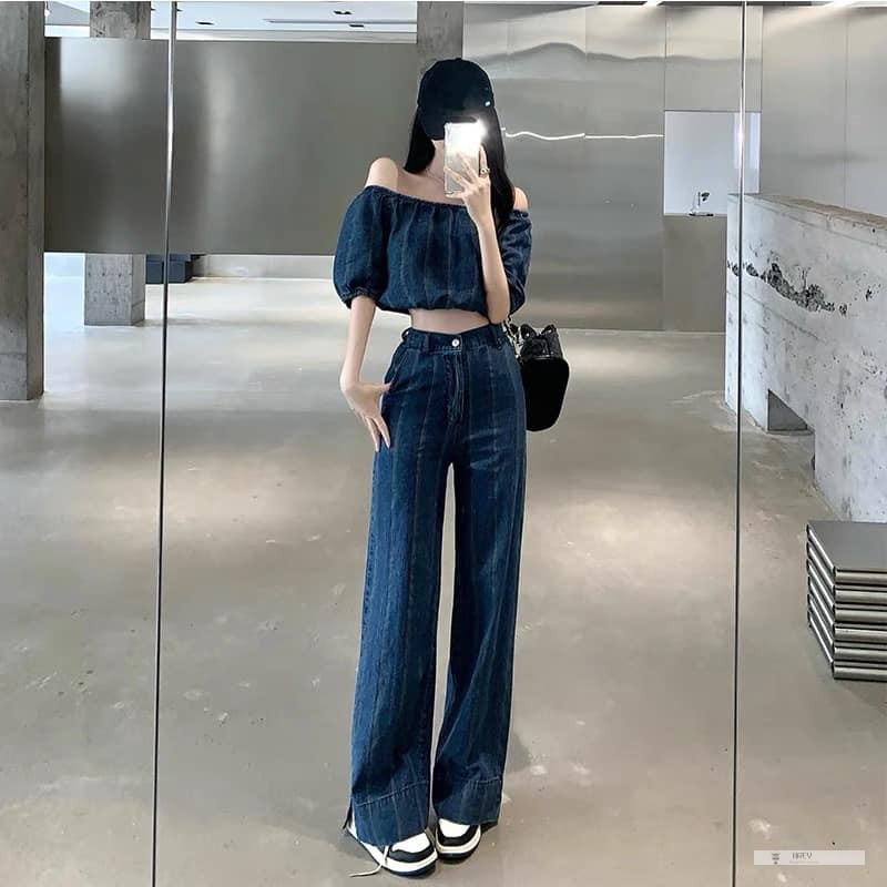 Set jeans áo trễ vai quần ống rộng
