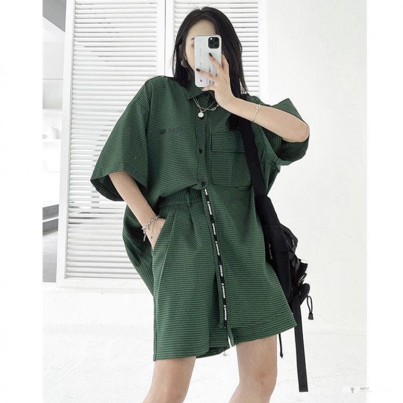 Set Áo Sơ Mi Tay Ngắn Sọc Caro + Quần Short Thể Thao