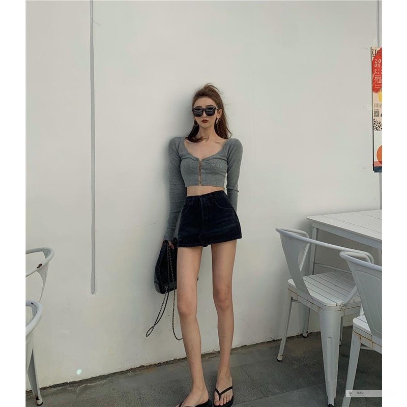 Chân váy denim ngắn lưng cao dáng chữ A