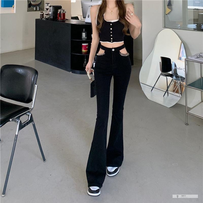 Quần Jeans Dài Lưng Cao Phối Dây Xích