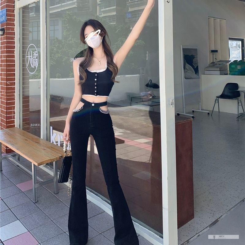 Quần Jeans Dài Lưng Cao Phối Dây Xích