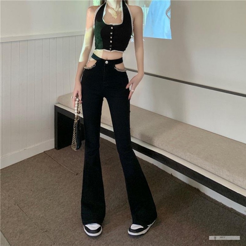 Quần Jeans Dài Lưng Cao Phối Dây Xích