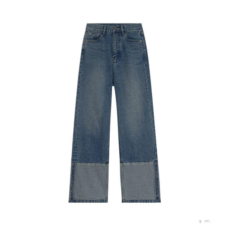 Quần Jean Dài Lưng Cao Dáng Rộng Màu Sắc Tương Phản Phong Cách Retro Hàn Quốc