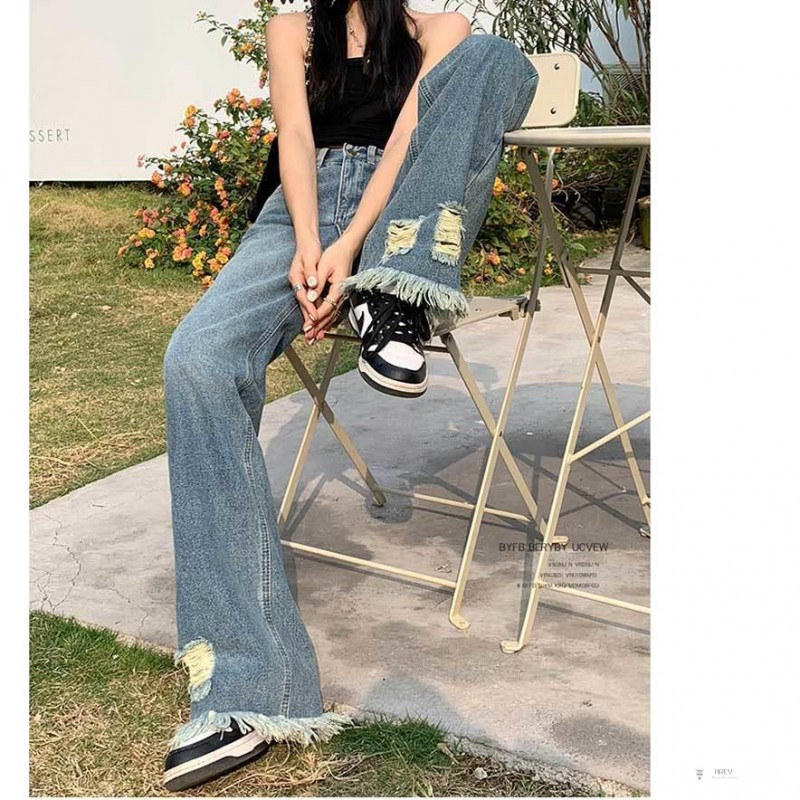 Quần Jean Nữ Ống Rộng Lưng Cao Phối Tua Rua