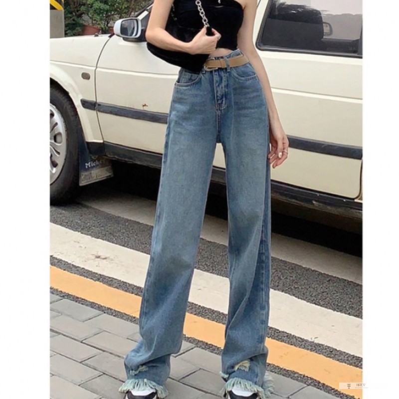 Quần Jean Nữ Ống Rộng Lưng Cao Phối Tua Rua