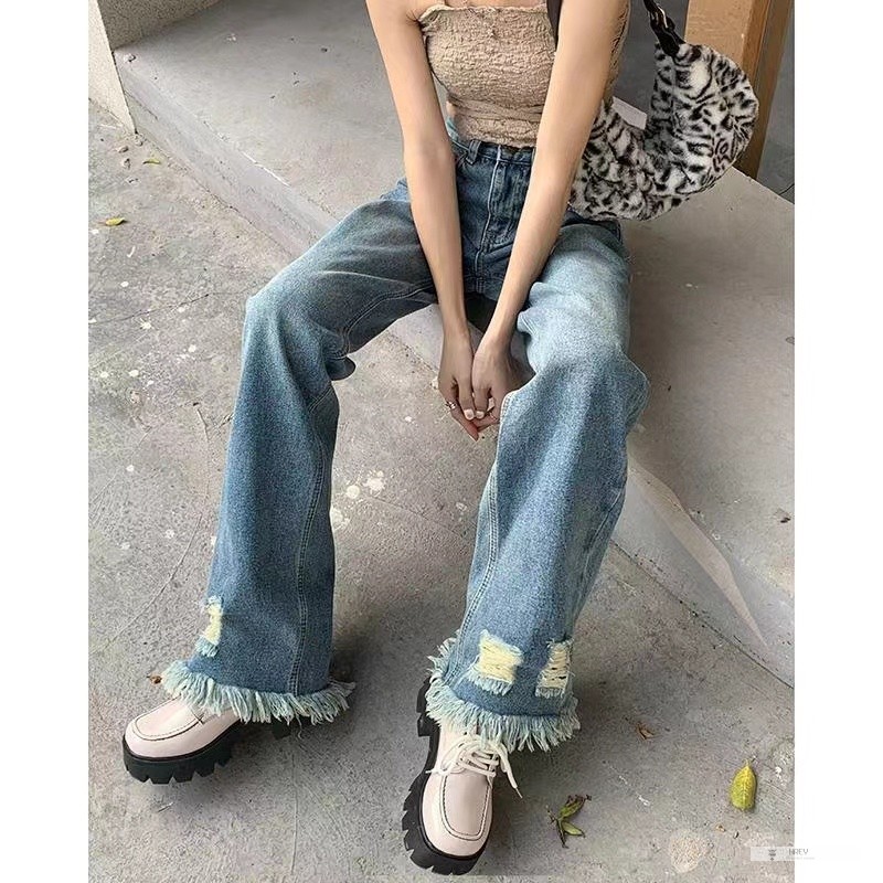Quần Jean Nữ Ống Rộng Lưng Cao Phối Tua Rua
