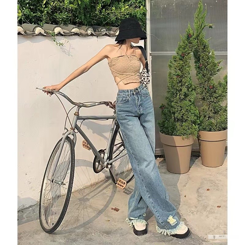 Quần Jean Nữ Ống Rộng Lưng Cao Phối Tua Rua