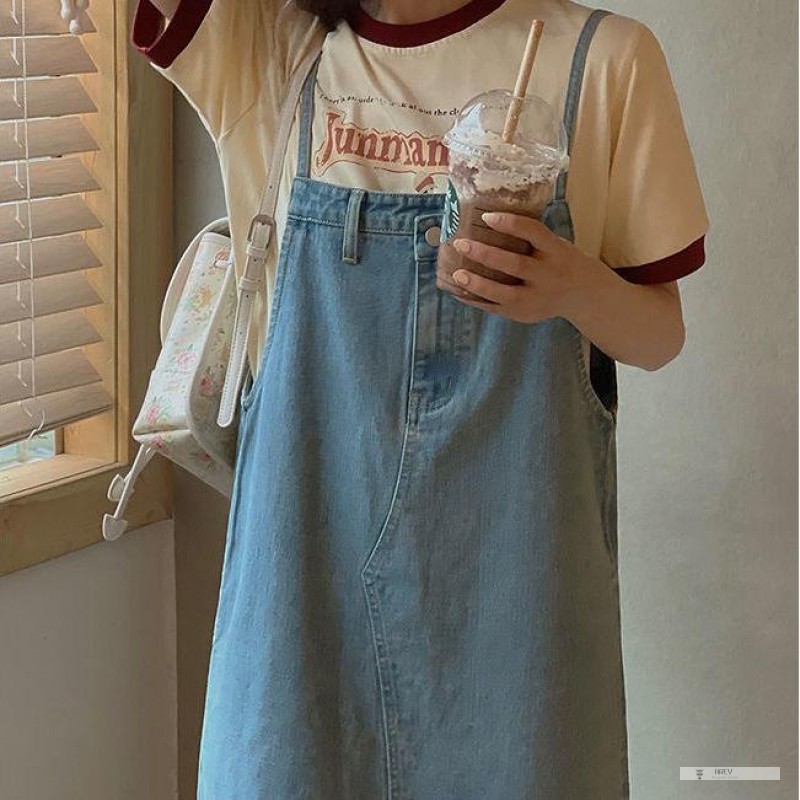 Đầm Denim Hai Dây Dáng Rộng Phong Cách Hàn Quốc