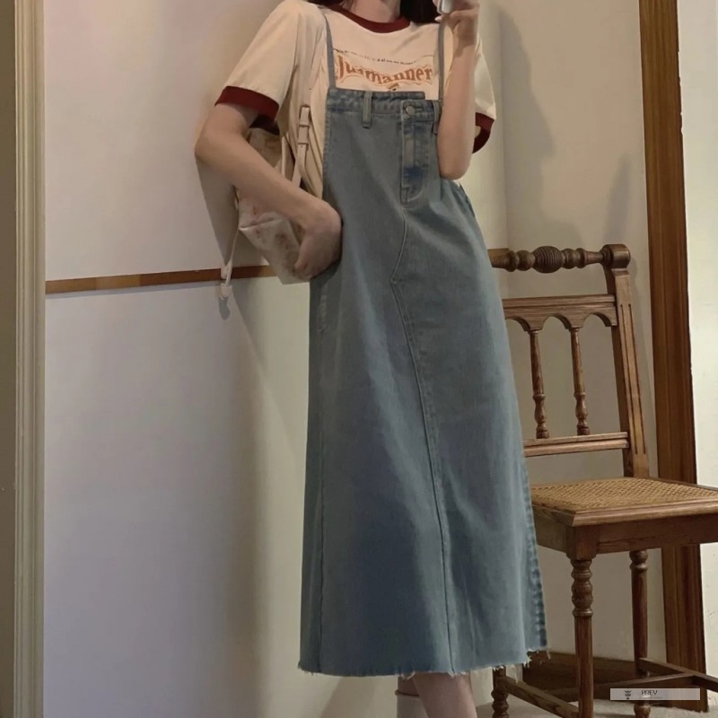 Đầm Denim Hai Dây Dáng Rộng Phong Cách Hàn Quốc