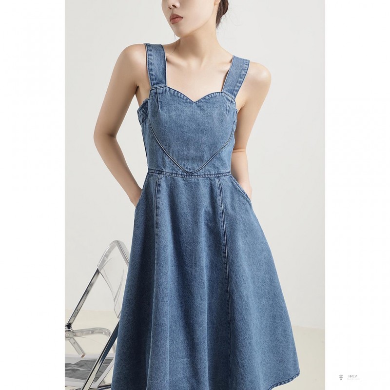 Đầm Denim Hai Dây Dáng Ôm Phong Cách Hàn Quốc Cổ Điển