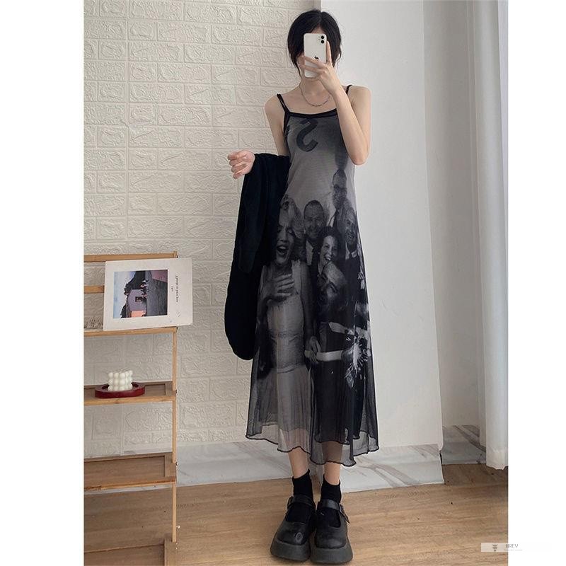 Đầm Dáng Chữ A Hai Dây In Họa Tiết Phong Cách Pháp Cổ Điển