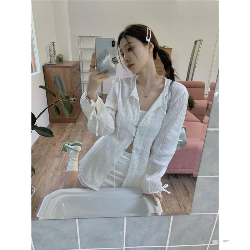 Set Áo Sơ Mi Dài Tay Cột Dây + Chân Váy Lưng Cao Xếp Ly